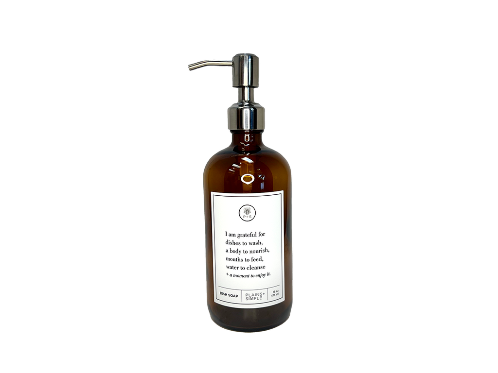 Amber glass I Am Grateful dish soap Gratitude Bottle with silver pump.