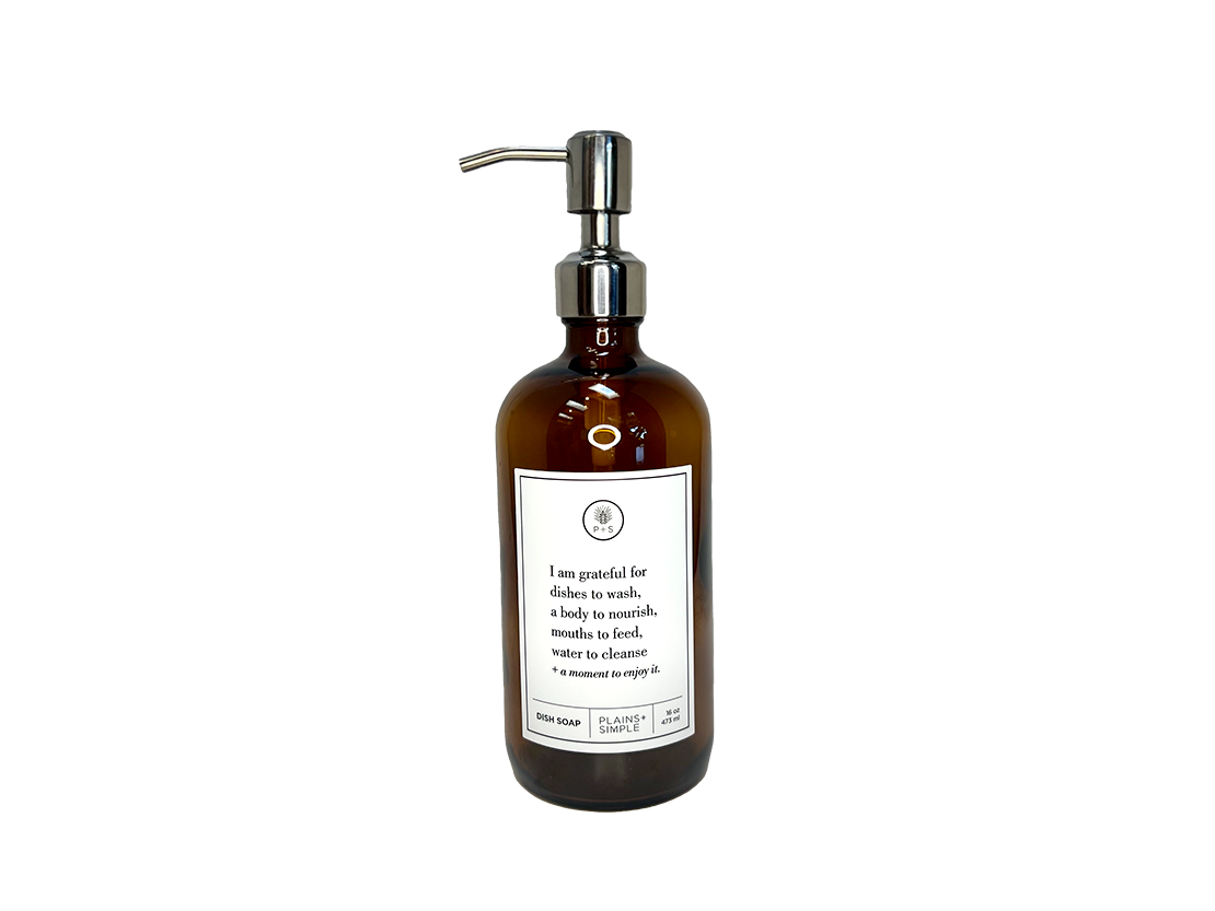 Amber glass I Am Grateful dish soap Gratitude Bottle with silver pump.