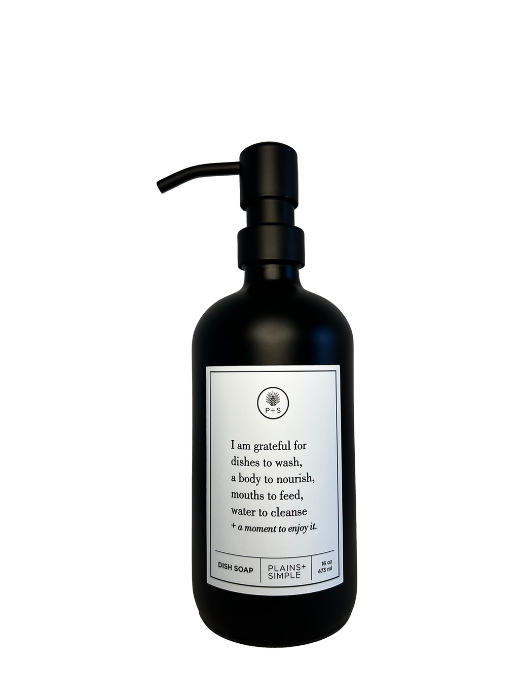 Black glass I Am Grateful dish soap Gratitude Bottle with black pump.