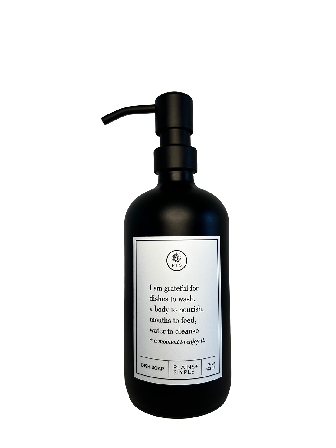 Black glass I Am Grateful dish soap Gratitude Bottle with black pump.