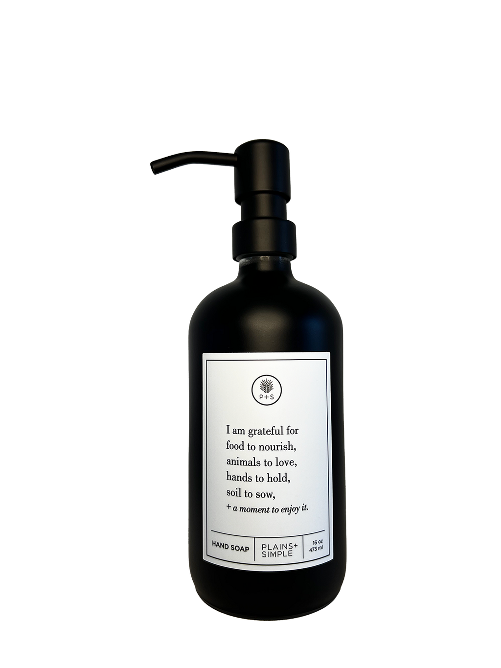 Black glass I Am Grateful hand soap Gratitude Bottle with black pump.