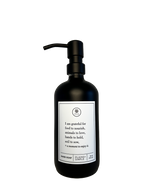 Black glass I Am Grateful hand soap Gratitude Bottle with black pump.
