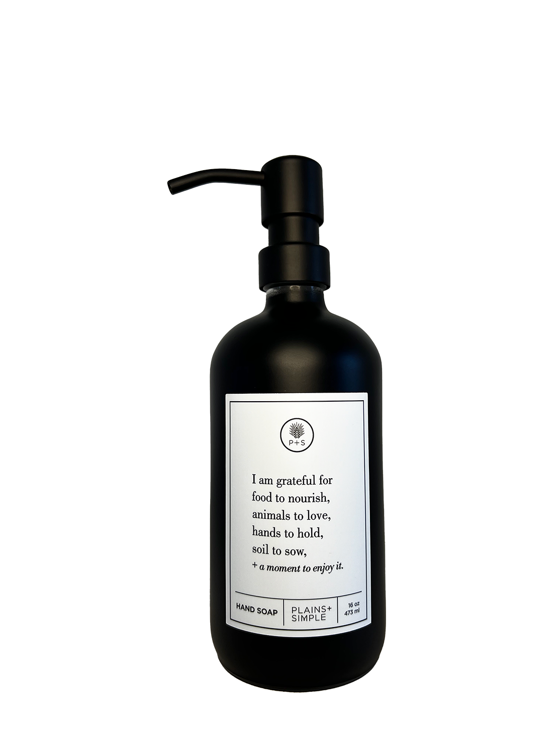 Black glass I Am Grateful hand soap Gratitude Bottle with black pump.