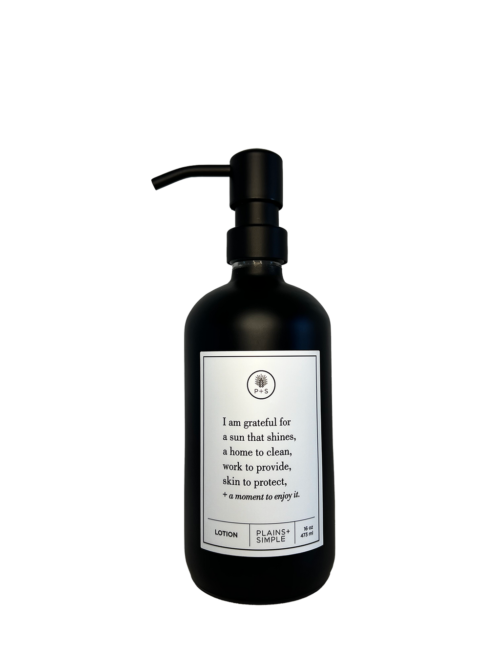Black glass I Am Grateful Gratitude Lotion Bottle with black pump.