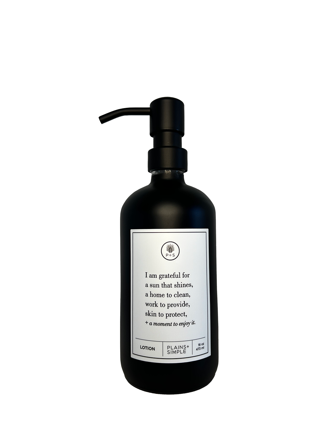 Black glass I Am Grateful Gratitude Lotion Bottle with black pump.
