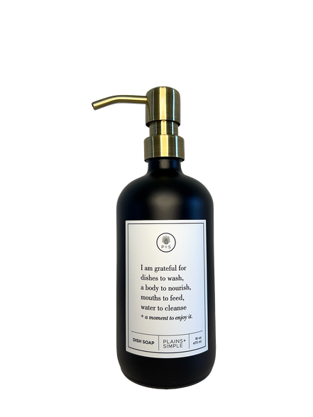 Black glass I Am Grateful dish soap Gratitude Bottle with gold pump.