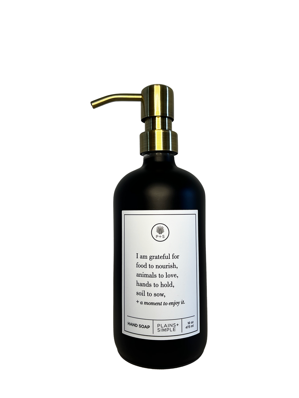 Black glass I Am Grateful hand soap Gratitude Bottle with gold pump.