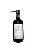 Black glass I Am Grateful hand soap Gratitude Bottle with gold pump.