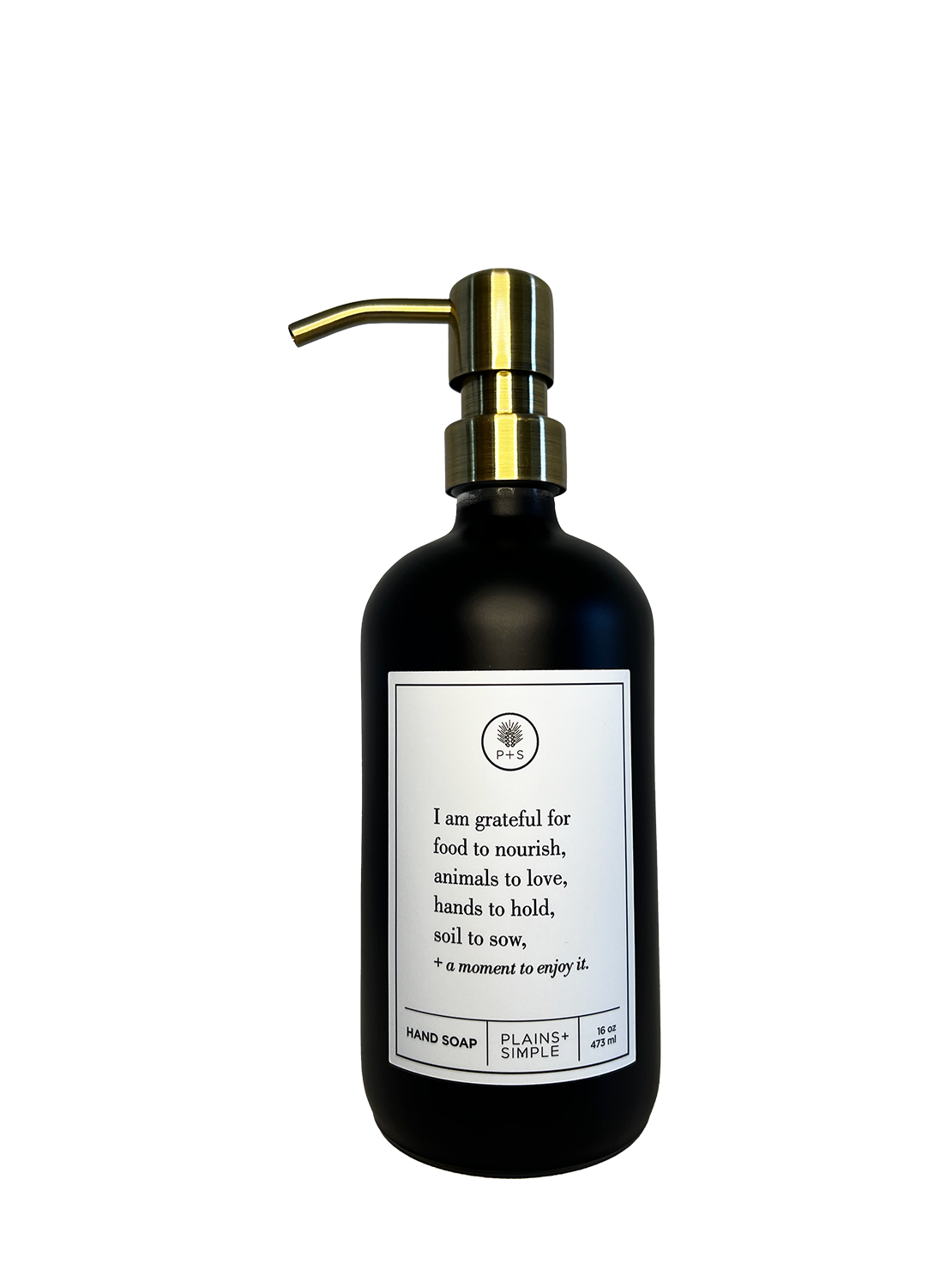 Black glass I Am Grateful hand soap Gratitude Bottle with gold pump.