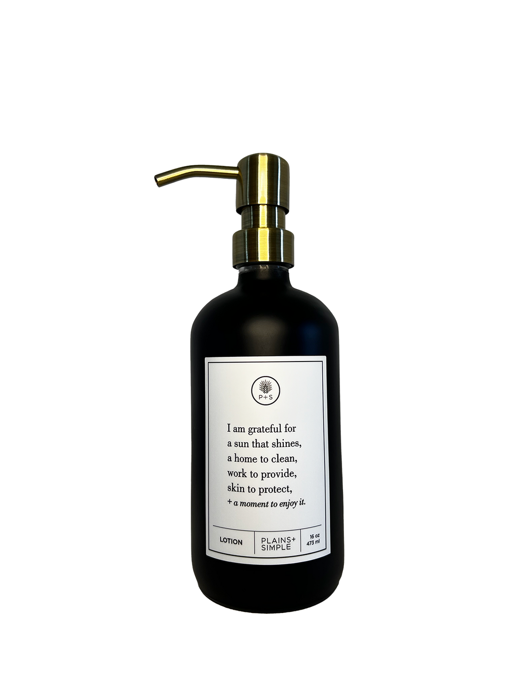 Black glass I Am Grateful Gratitude Lotion Bottle with gold pump.