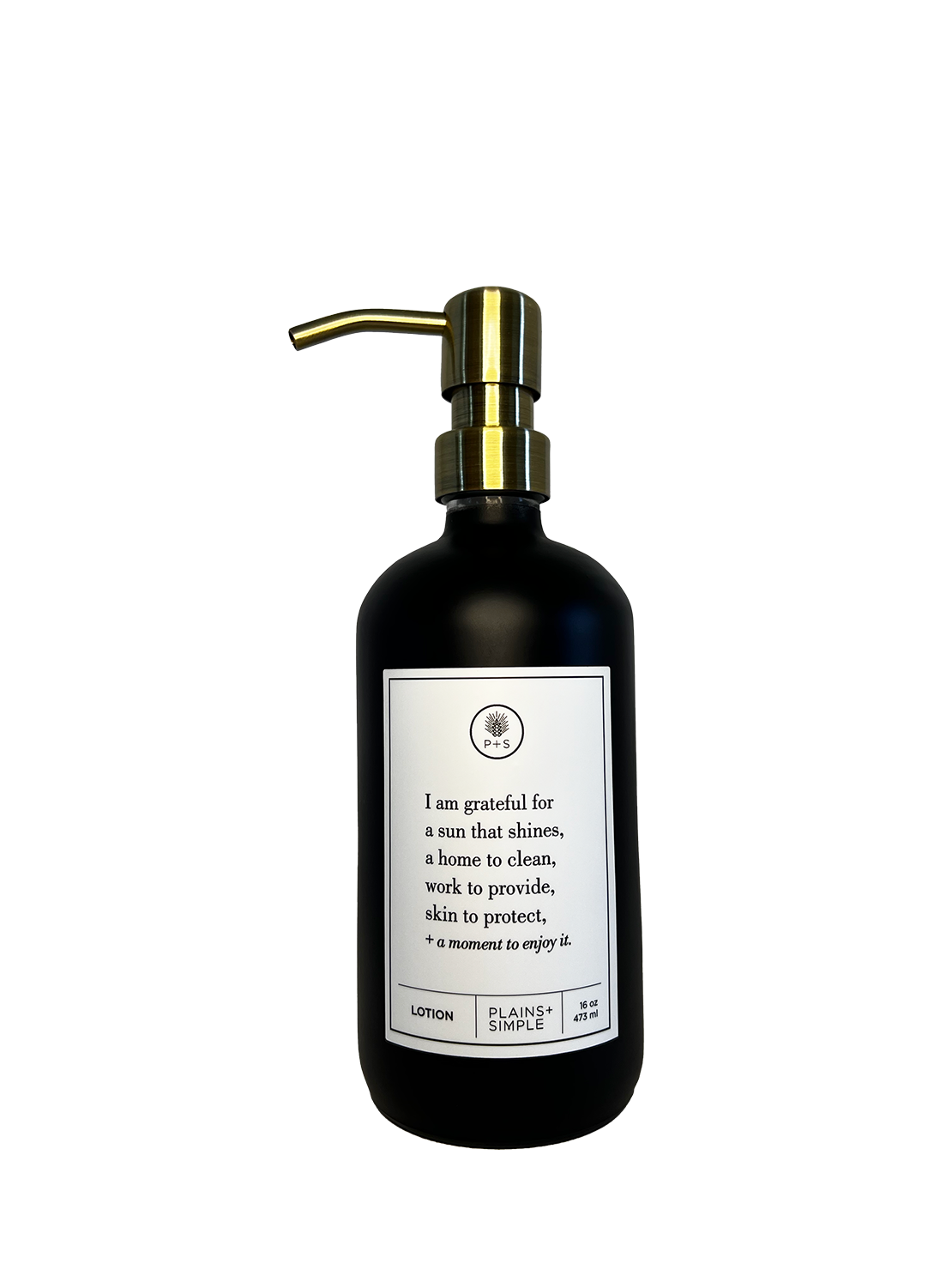 Black glass I Am Grateful Gratitude Lotion Bottle with gold pump.