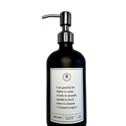 Black glass I Am Grateful dish soap Gratitude Bottle with silver pump.