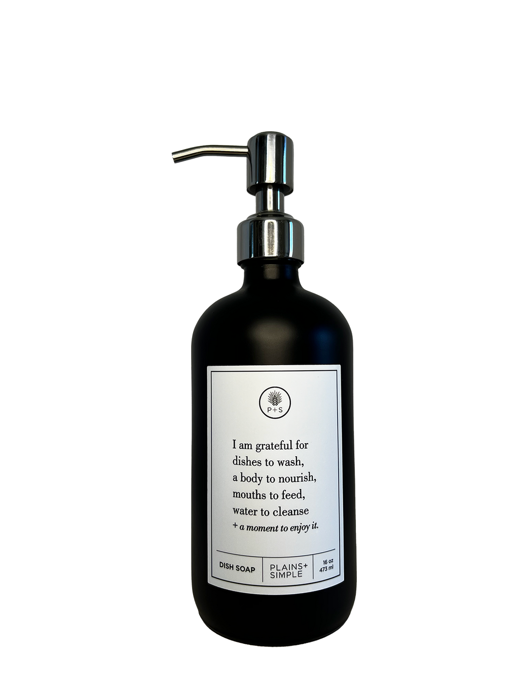 Black glass I Am Grateful dish soap Gratitude Bottle with silver pump.