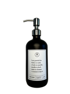 Black glass I Am Grateful dish soap Gratitude Bottle with silver pump.