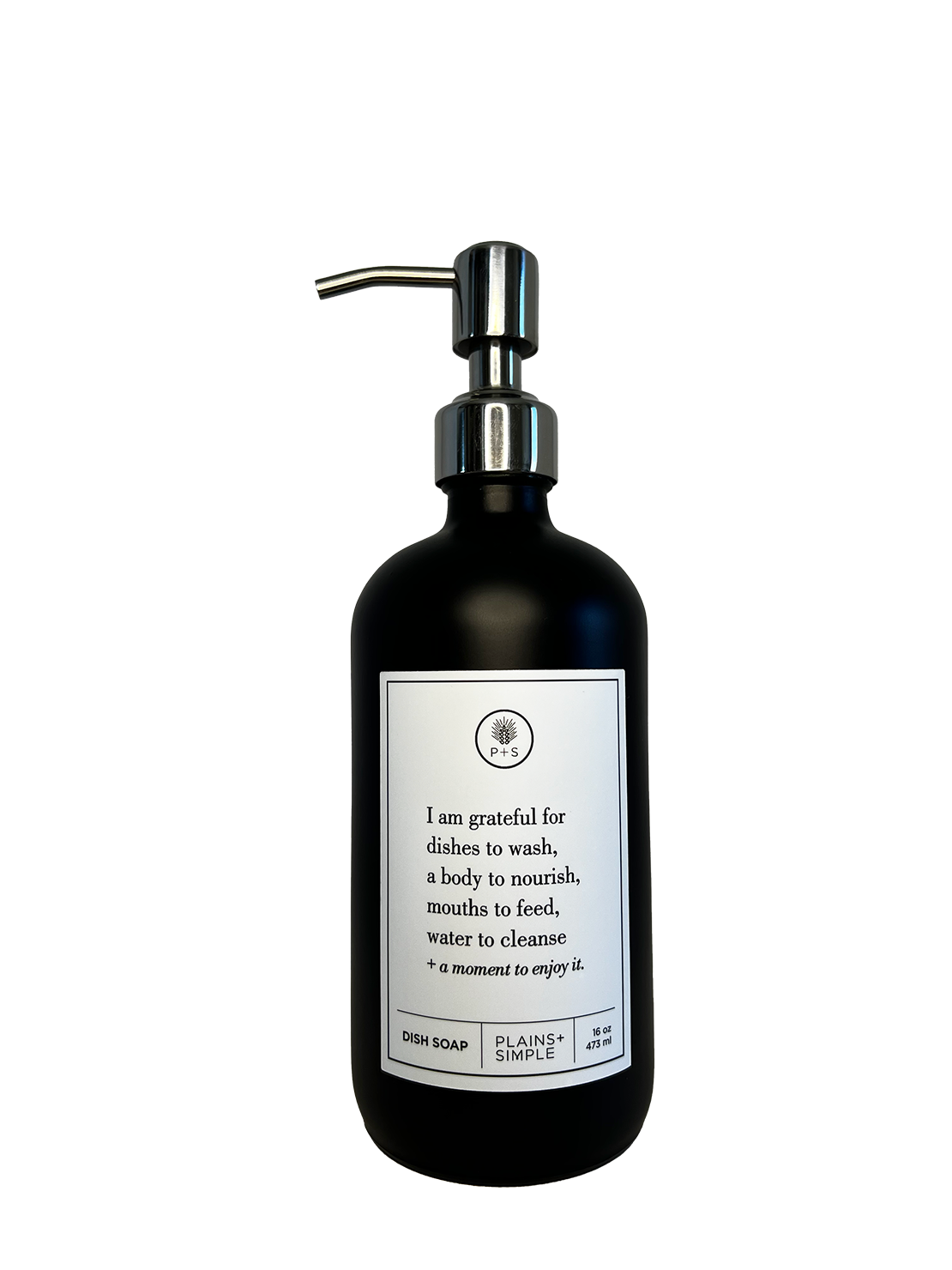 Black glass I Am Grateful dish soap Gratitude Bottle with silver pump.