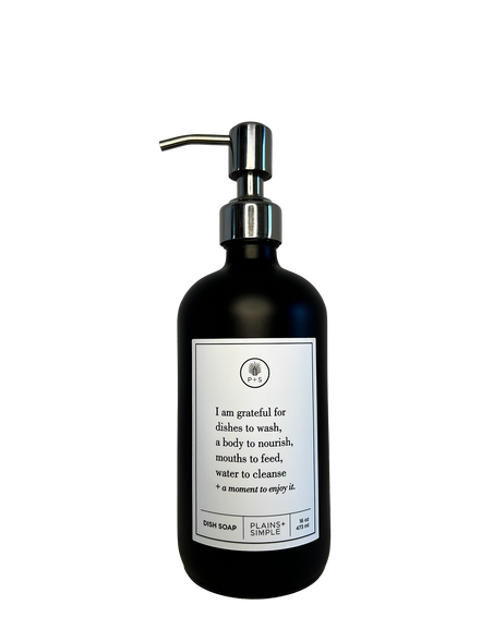 Black glass I Am Grateful dish soap Gratitude Bottle with silver pump.