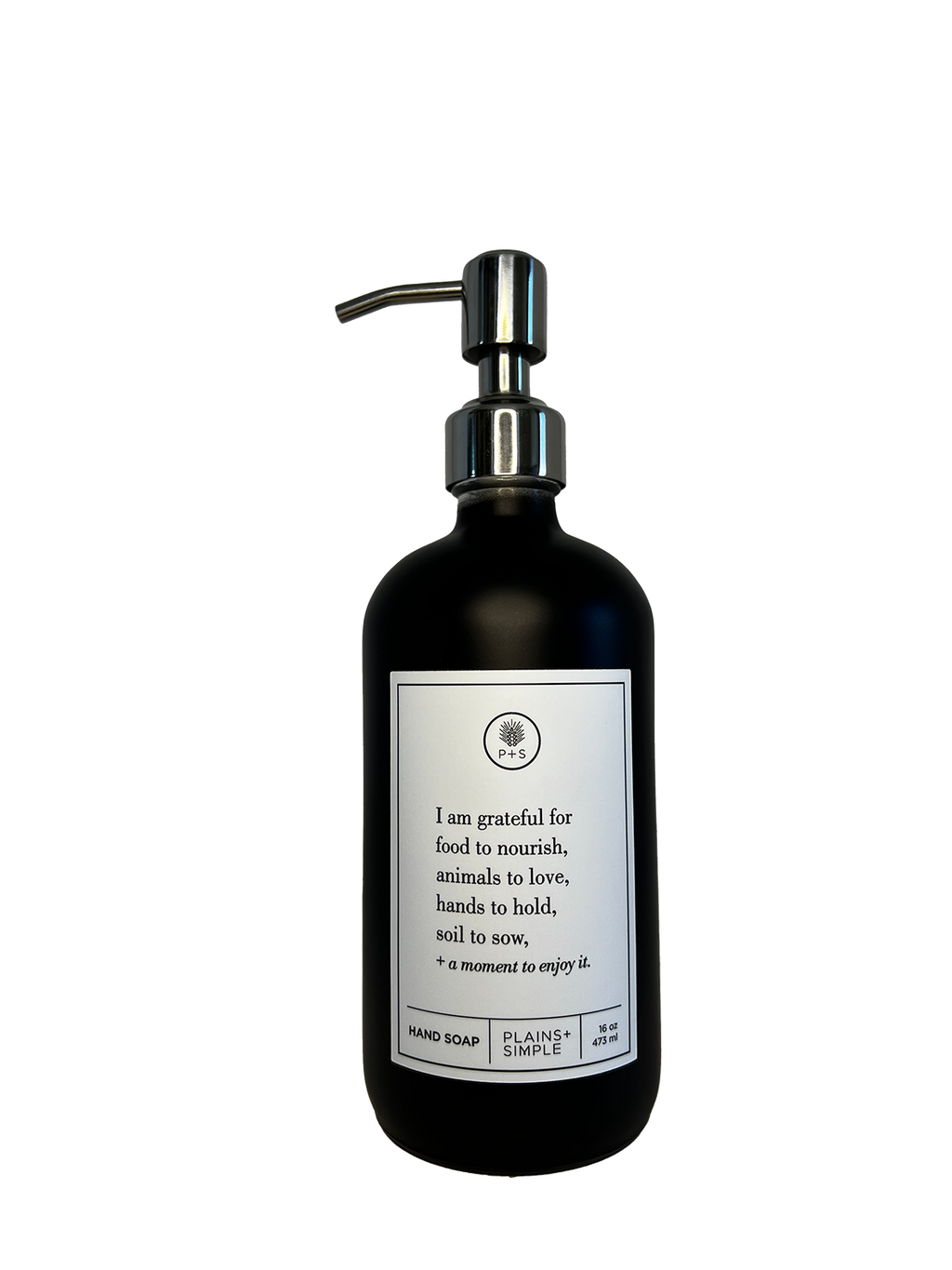 Black glass I Am Grateful hand soap Gratitude Bottle with silver pump.