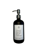 Black glass I Am Grateful hand soap Gratitude Bottle with silver pump.