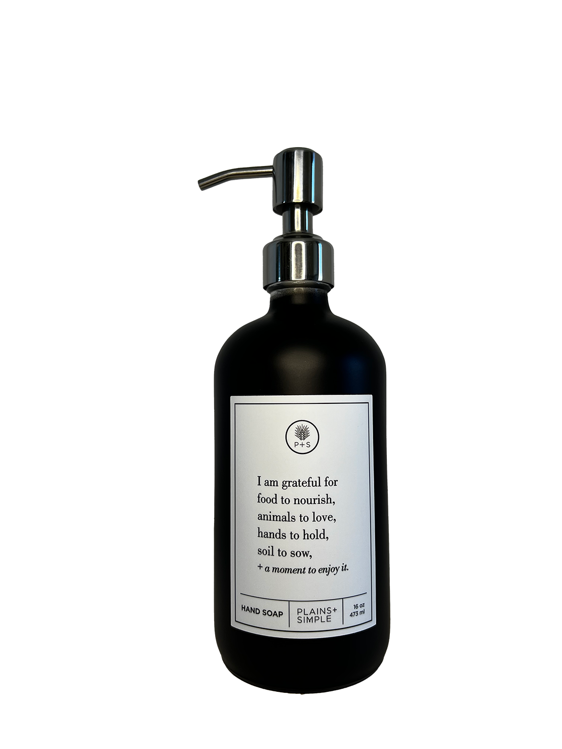 Black glass I Am Grateful hand soap Gratitude Bottle with silver pump.