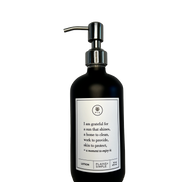 Black glass I Am Grateful Gratitude Lotion Bottle with silver pump.