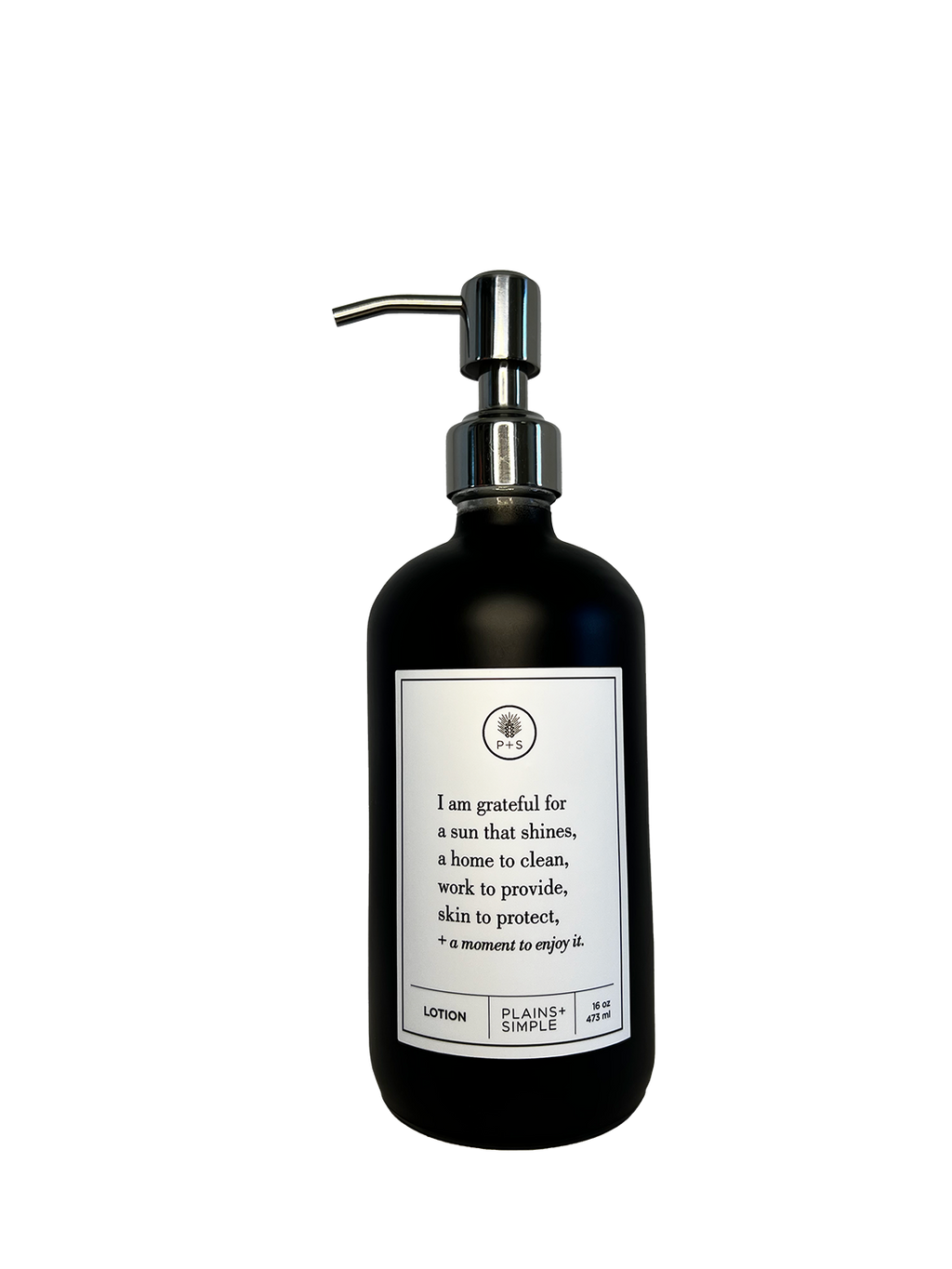 Black glass I Am Grateful Gratitude Lotion Bottle with silver pump.