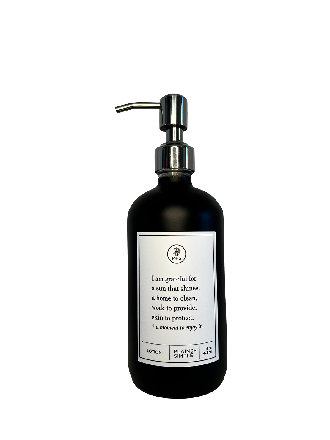 Black glass I Am Grateful Gratitude Lotion Bottle with silver pump.