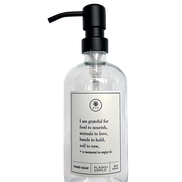 Clear glass I Am Grateful hand soap Gratitude Bottle with black pump.