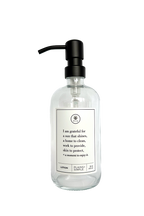 Clear glass I Am Grateful Lotion Gratitude Bottle with black pump.