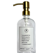 Clear glass I Am Grateful hand soap Gratitude Bottle with gold pump.