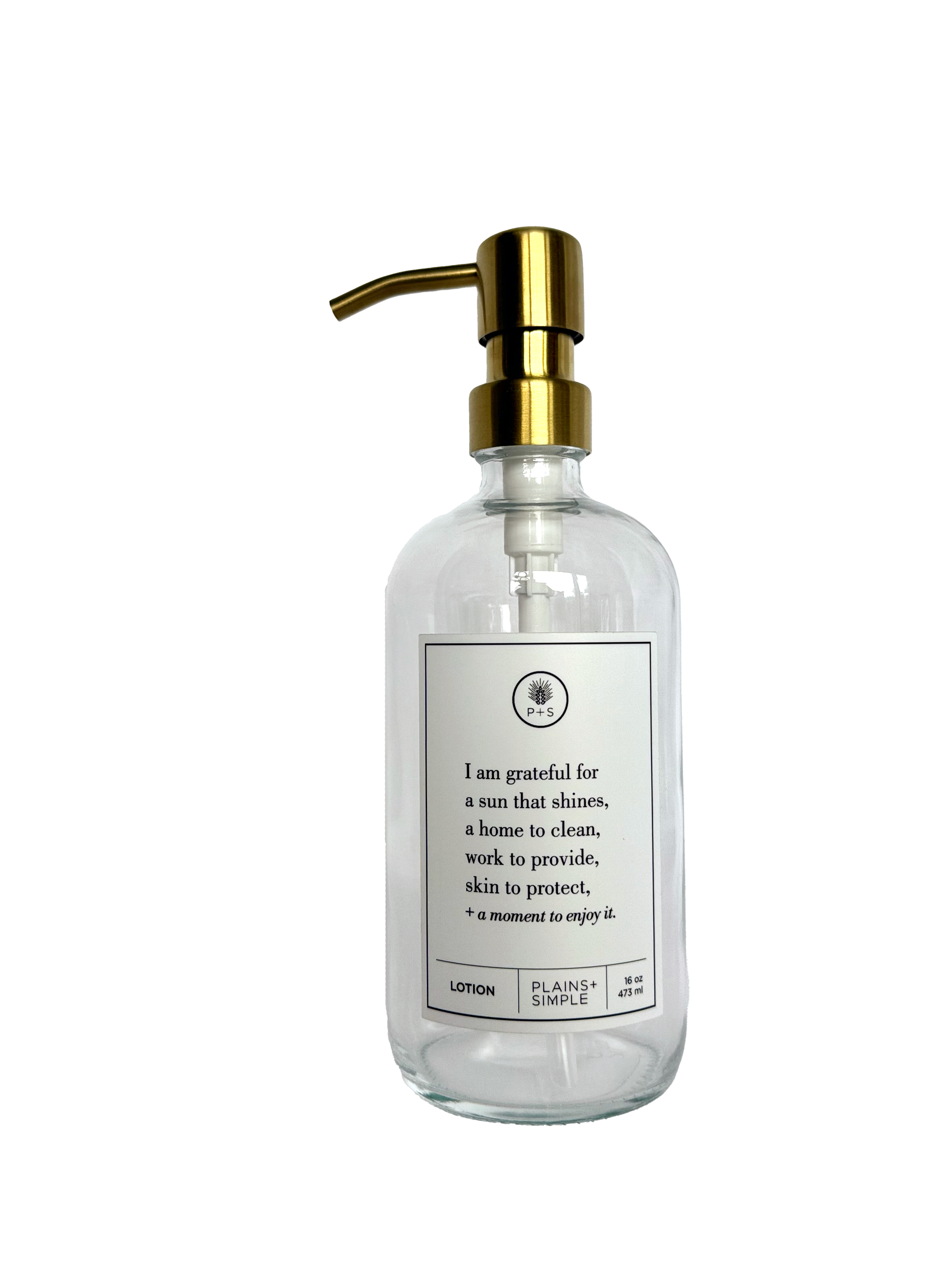 Clear glass I Am Grateful Lotion Gratitude Bottle with gold pump.