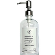 Clear glass I Am Grateful hand soap Gratitude Bottle with silver pump.