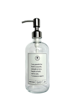 Clear glass I Am Grateful hand soap Gratitude Bottle with silver pump.