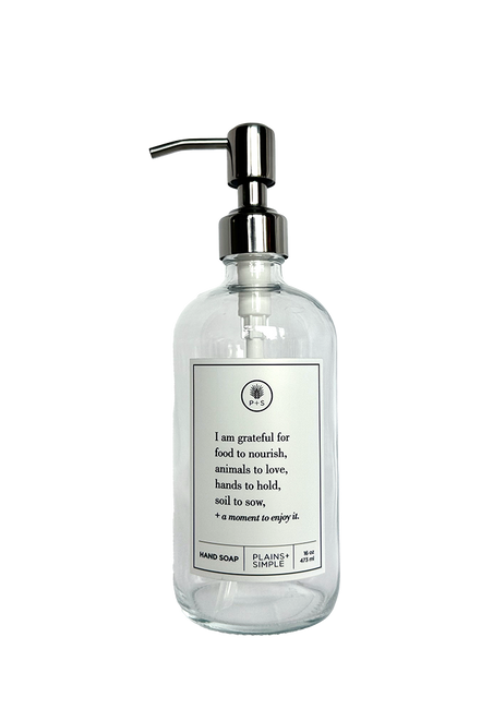 Clear glass I Am Grateful hand soap Gratitude Bottle with silver pump.