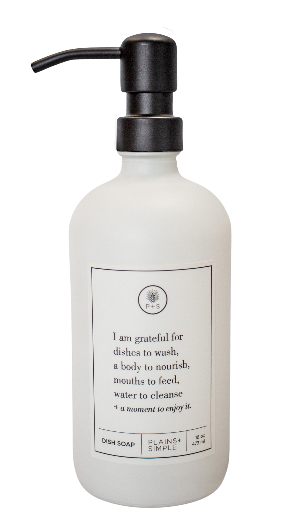 White glass I Am Grateful dish soap Gratitude Bottle with black pump.