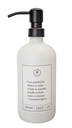 White glass I Am Grateful dish soap Gratitude Bottle with black pump.