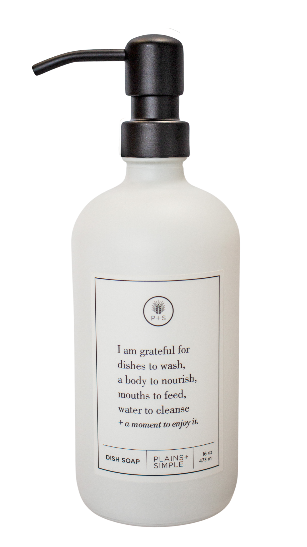 White glass I Am Grateful dish soap Gratitude Bottle with black pump.