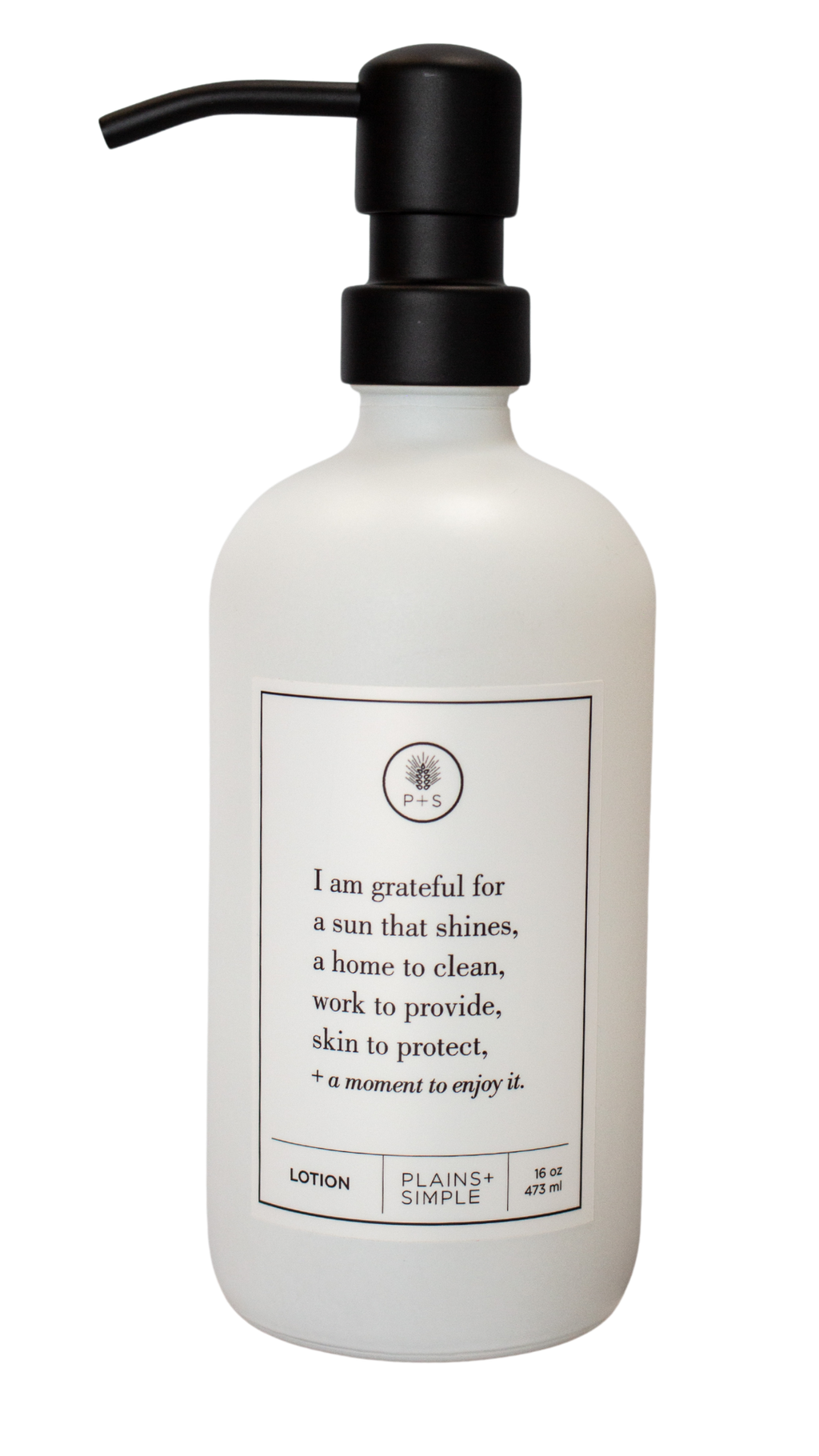 White glass I Am Grateful Lotion Gratitude Bottle with black pump.