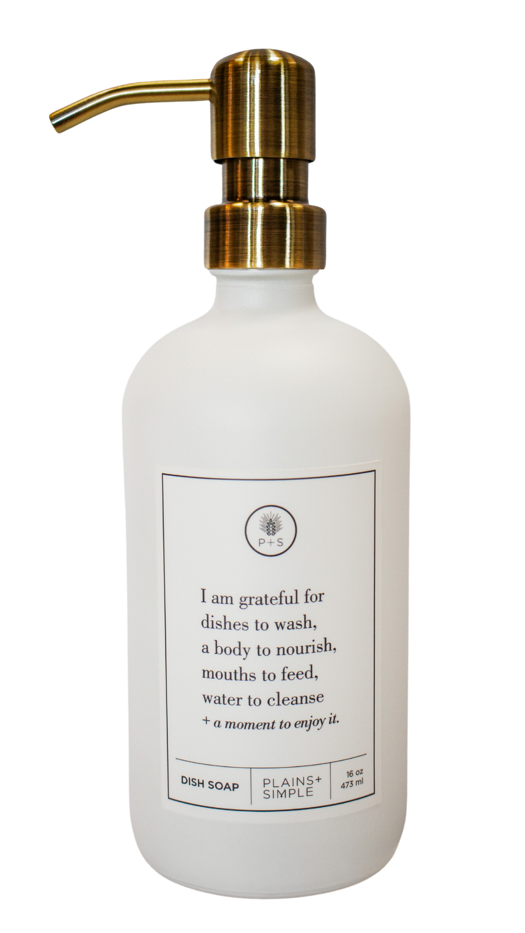 White glass I Am Grateful dish soap Gratitude Bottle with gold pump.