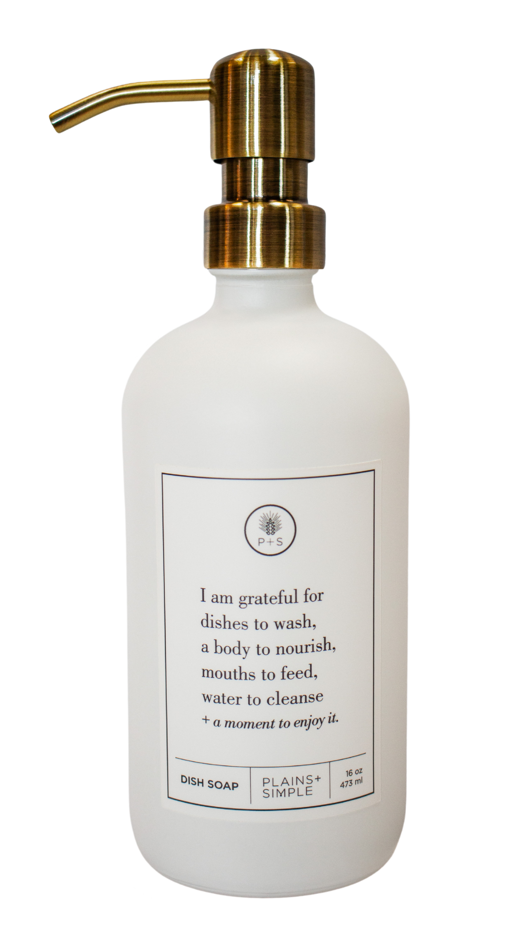 White glass I Am Grateful dish soap Gratitude Bottle with gold pump.