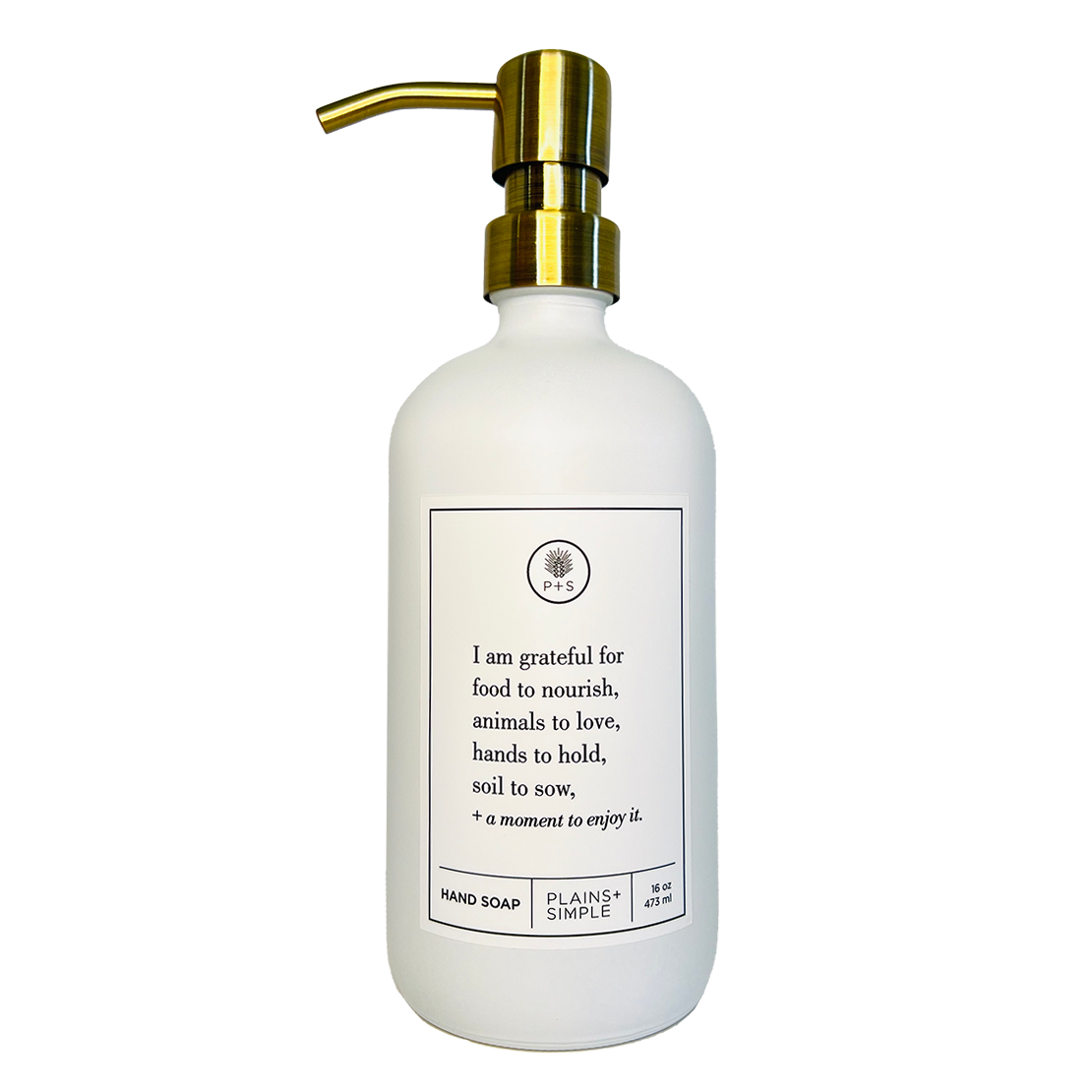 White glass I Am Grateful hand soap Gratitude Bottle with gold pump.