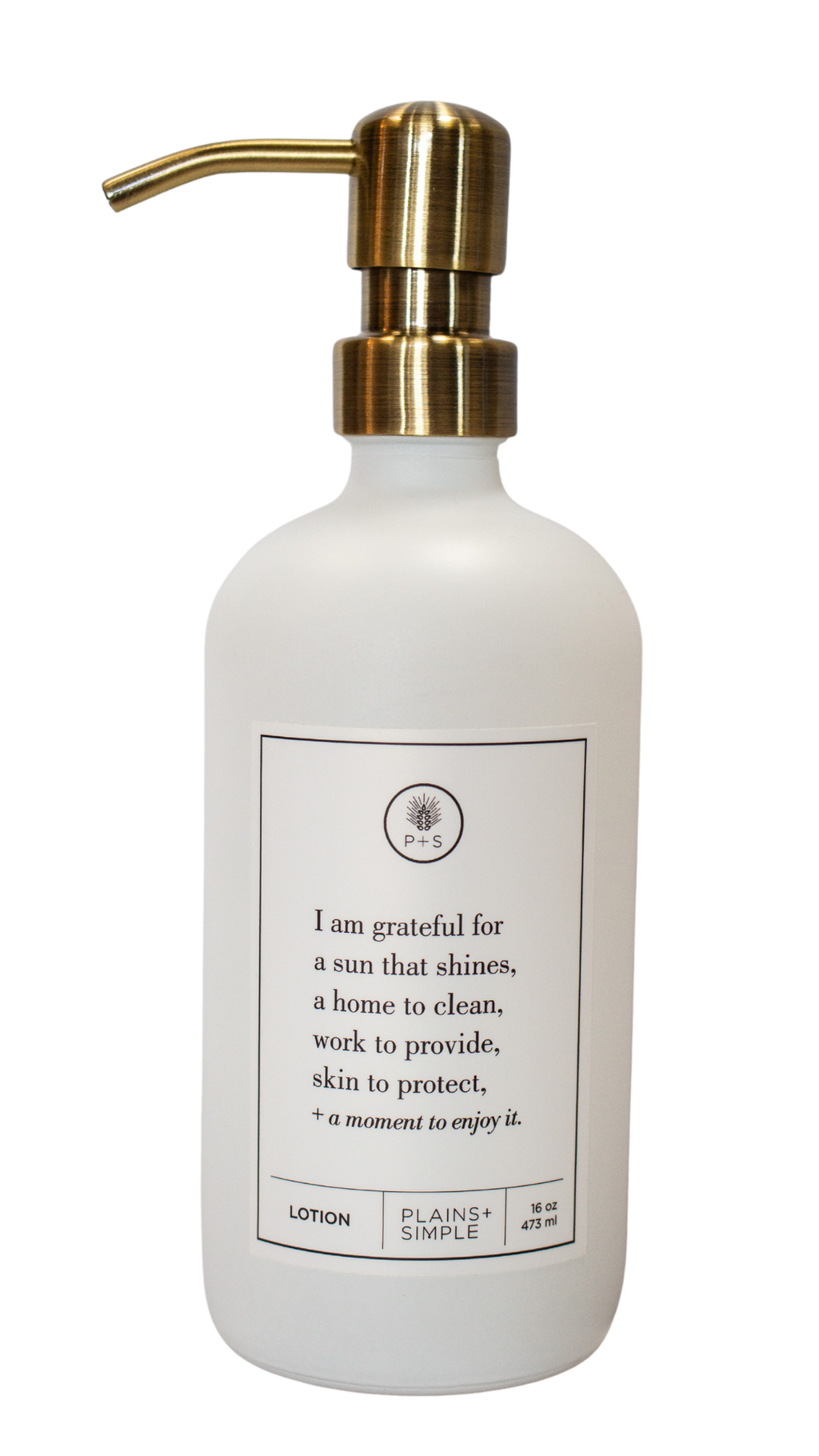 White glass I Am Grateful Lotion Gratitude Bottle with gold pump.