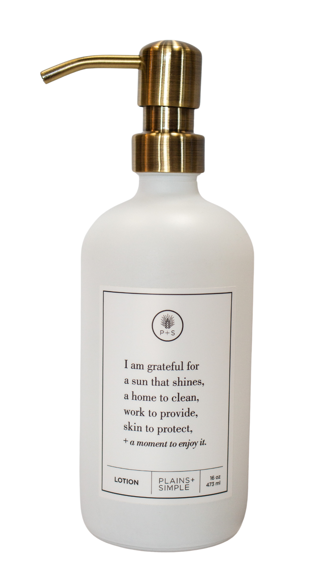 White glass I Am Grateful Lotion Gratitude Bottle with gold pump.