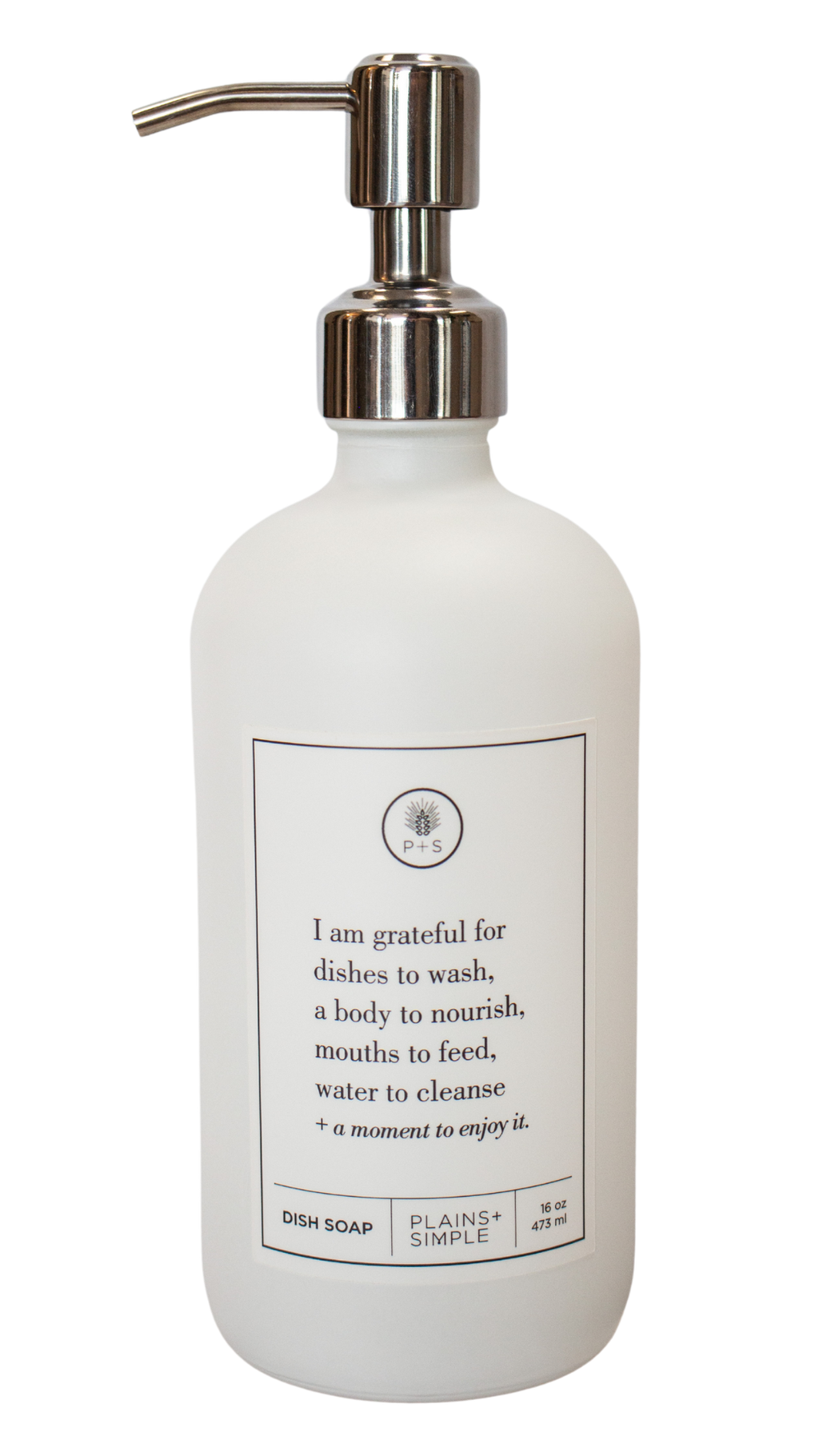 White glass I Am Grateful dish soap Gratitude Bottle with silver pump.