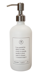 White glass I Am Grateful dish soap Gratitude Bottle with silver pump.