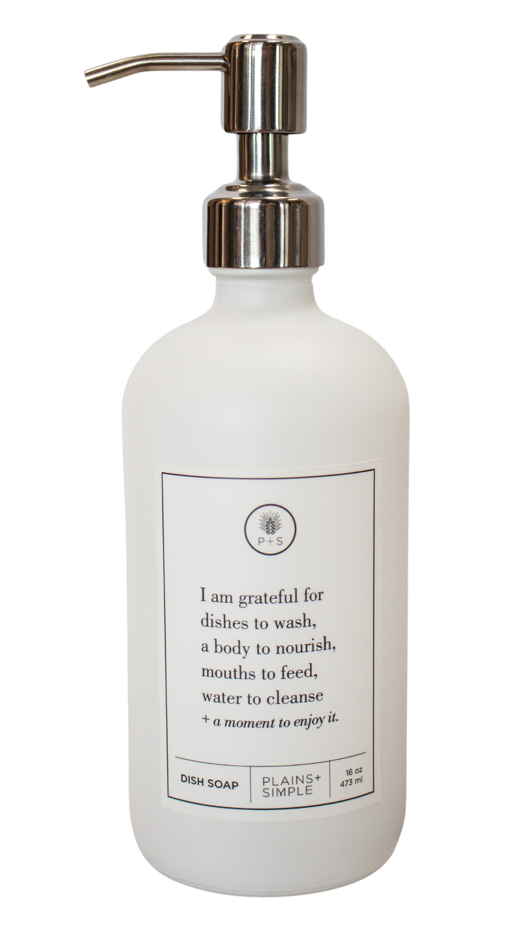 White glass I Am Grateful dish soap Gratitude Bottle with silver pump.