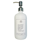 White glass I Am Grateful hand soap Gratitude Bottle with silver pump.