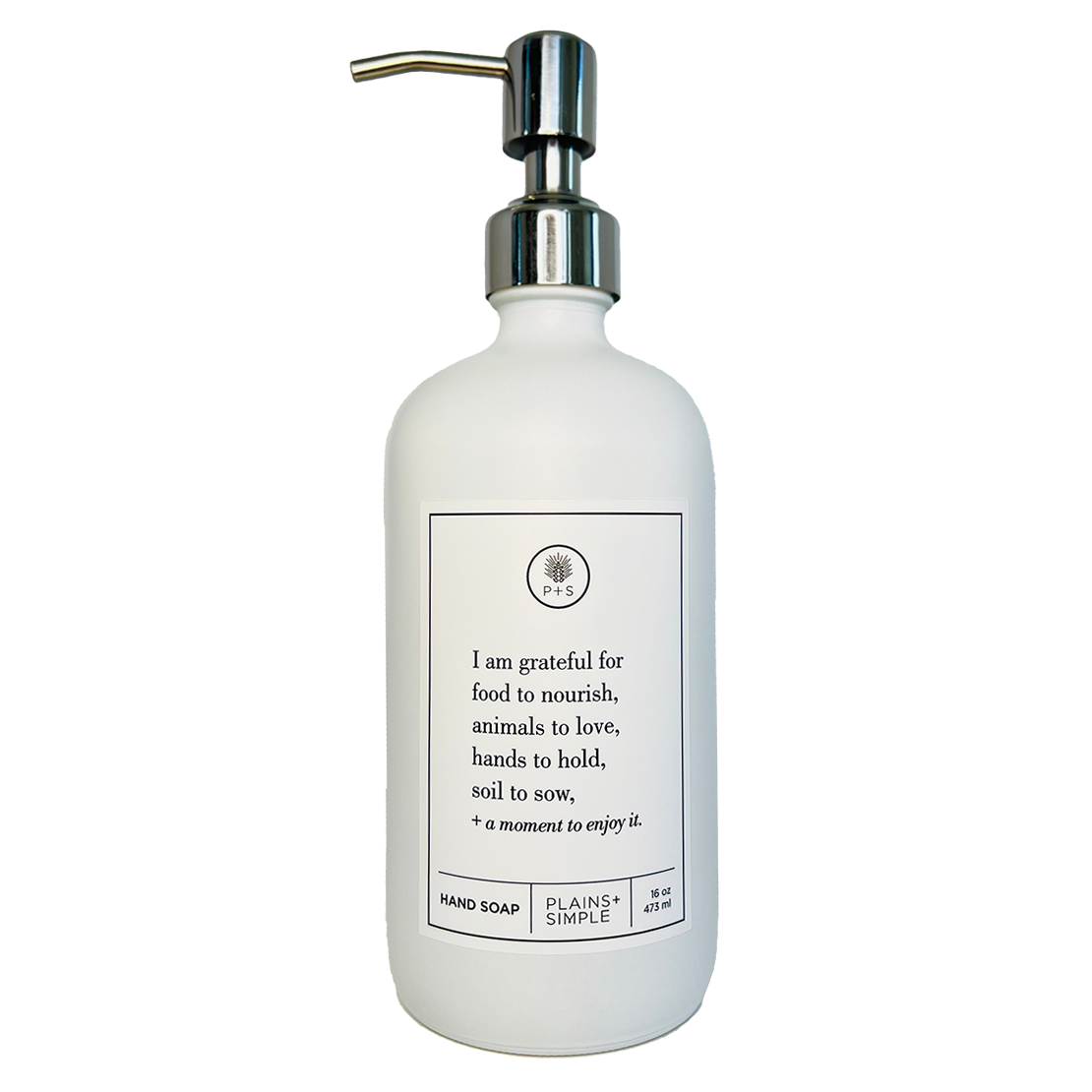 White glass I Am Grateful hand soap Gratitude Bottle with silver pump.