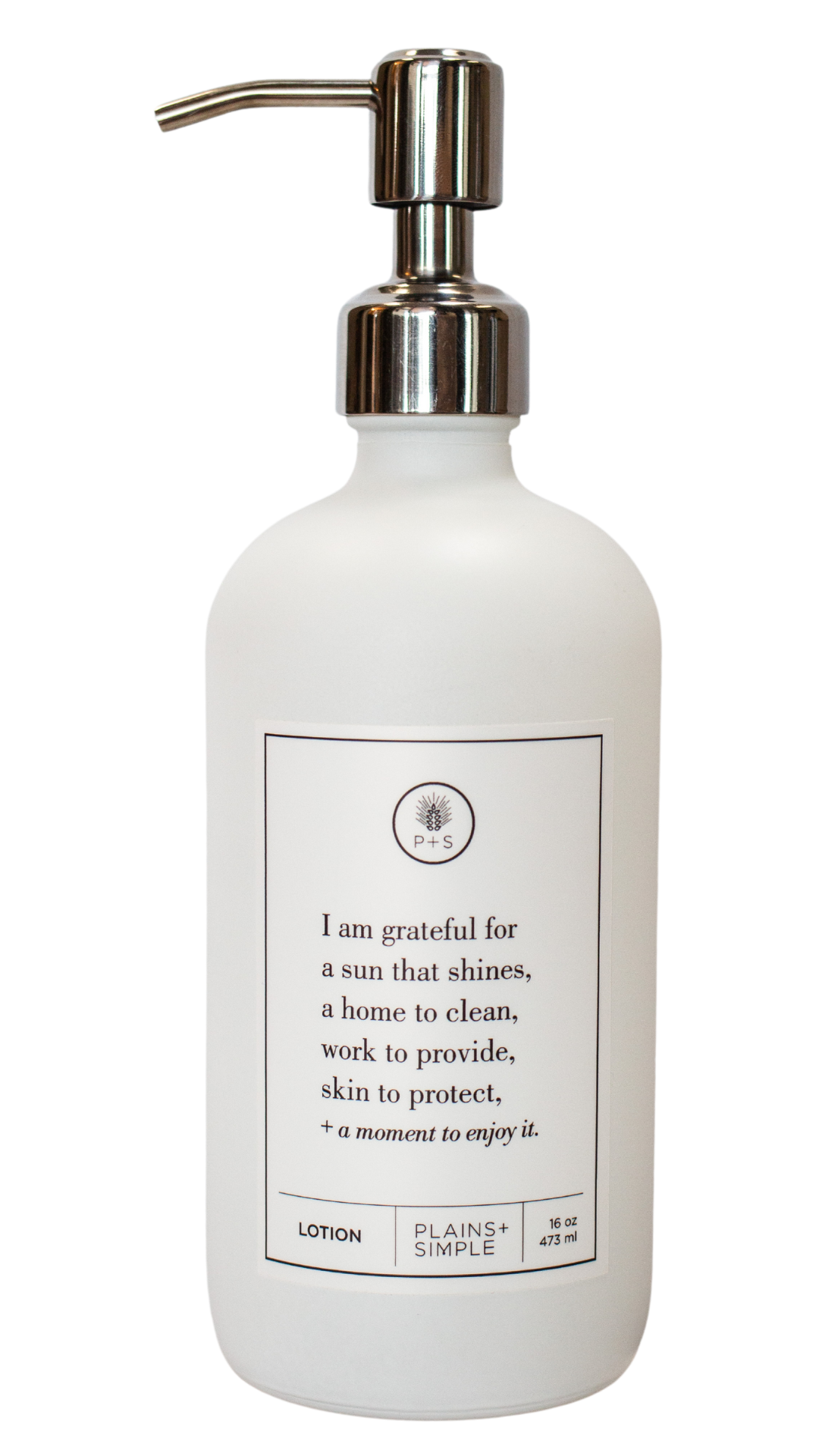 White glass I Am Grateful Lotion Gratitude Bottle with silver pump.