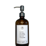 Amber glass I am Kind hand soap  Gratitude Bottle with silver pump.