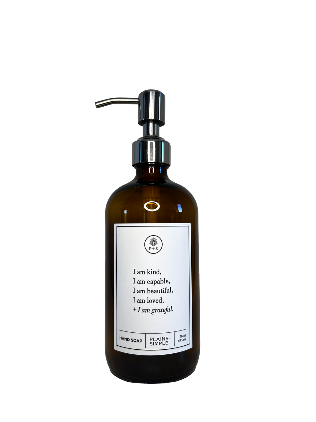 Amber glass I am Kind hand soap  Gratitude Bottle with silver pump.
